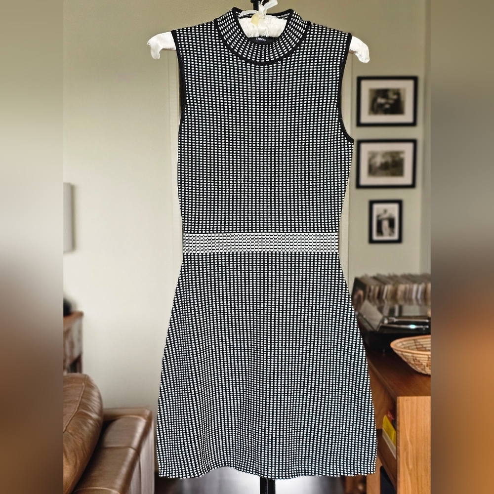 Theory Black and White Checkered Knit Mini Dress